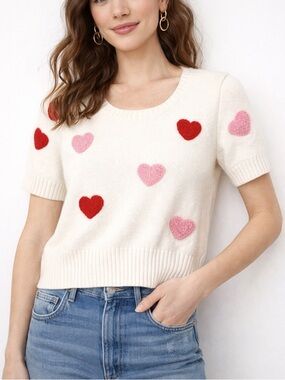 Anthropologie Luna Ivy Hearts Sweater Top NWT Small Cream Pink Red Knit Cute